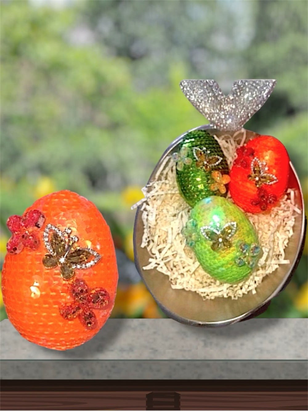 Neon Colored Sequence Easter Butterfly Crystal Eggs Set 3, Kazashi Eggs| Handmad